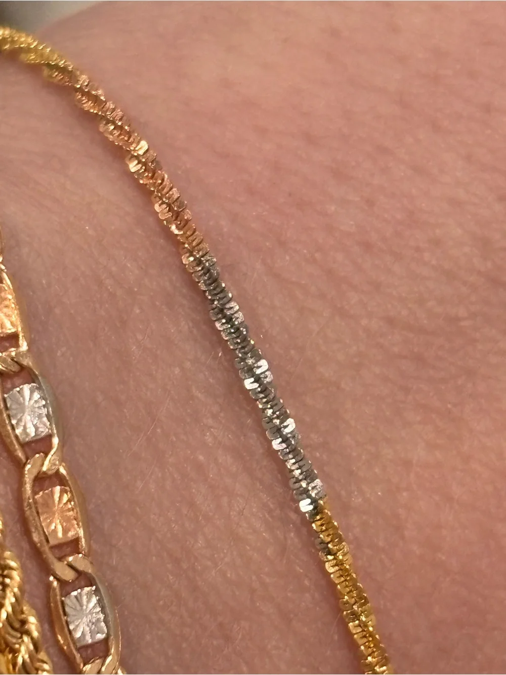 10k Tri Color Gold 6.5” Twisted Rock Link Bracelet NEW Made in Italy